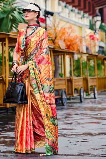 orange abstract printed saree