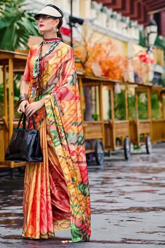 orange abstract printed saree