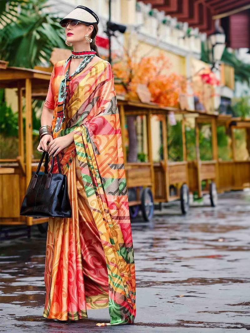 orange abstract printed saree