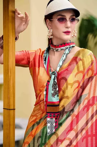 orange abstract printed saree