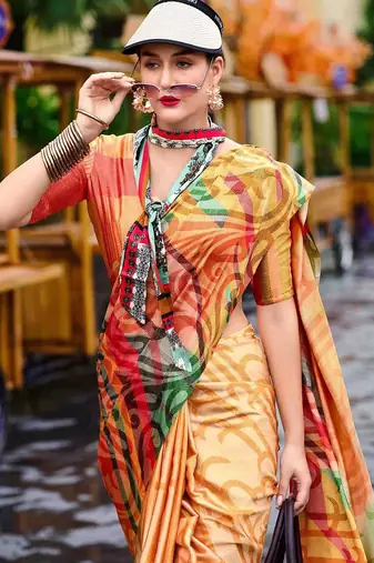 orange abstract printed saree
