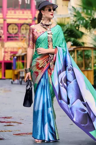 blue floral printed satin saree