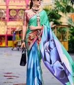 blue floral printed satin saree