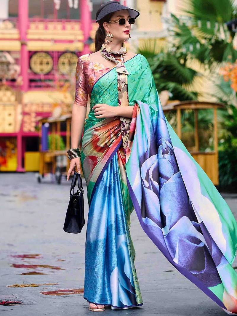 blue floral printed satin saree