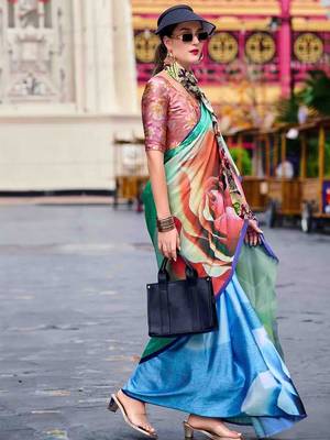 blue floral printed satin saree 2