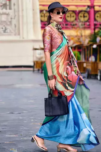 blue floral printed satin saree