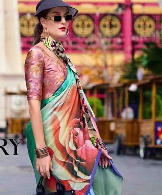 blue floral printed satin saree 3