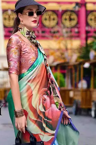 blue floral printed satin saree