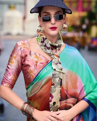 blue floral printed satin saree 4