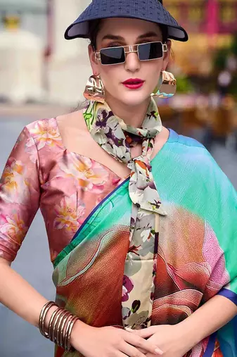 blue floral printed satin saree