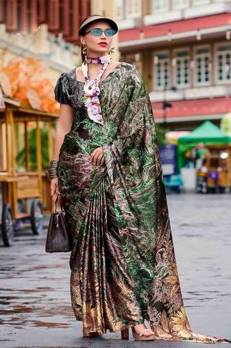 green women printed satin saree