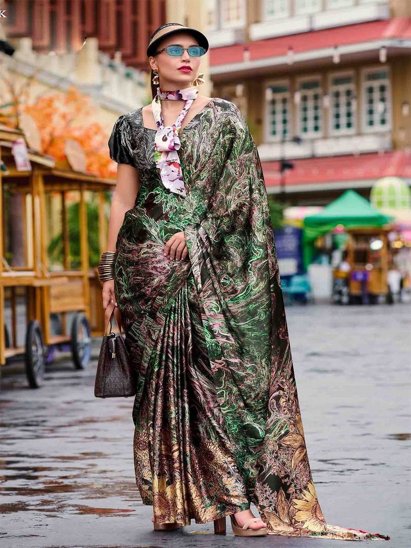 green women printed satin saree