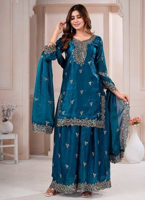 Navy blue fandy silk embroidery party wear sharara  suit set 1