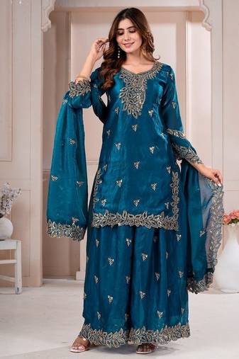 Navy blue fandy silk embroidery party wear sharara  suit set
