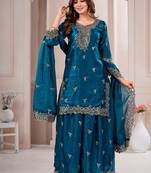 Navy blue fandy silk embroidery party wear sharara  suit set