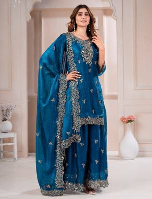 Navy blue fandy silk embroidery party wear sharara  suit set 2