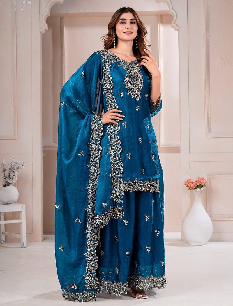Navy blue fandy silk embroidery party wear sharara  suit set