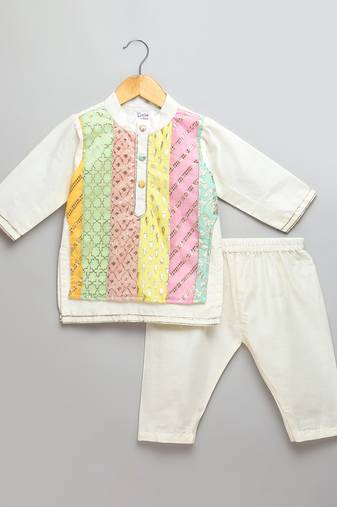 multicolor gota patti embroidered cotton silk men kurta set