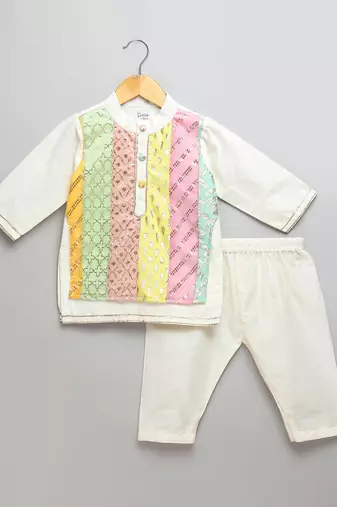 multicolor gota patti embroidered cotton silk men kurta set