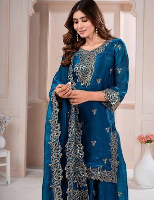 Navy blue fandy silk embroidery party wear sharara  suit set 3