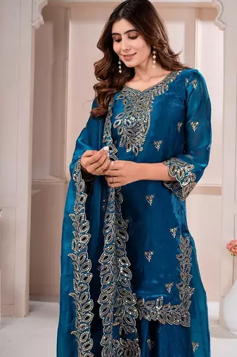 Navy blue fandy silk embroidery party wear sharara  suit set