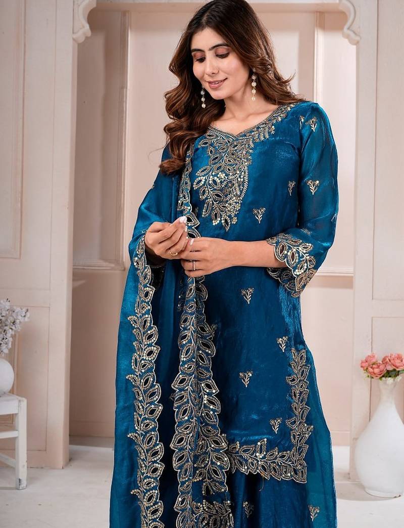 Navy blue fandy silk embroidery party wear sharara  suit set