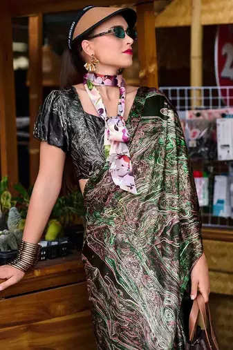 green women printed satin saree