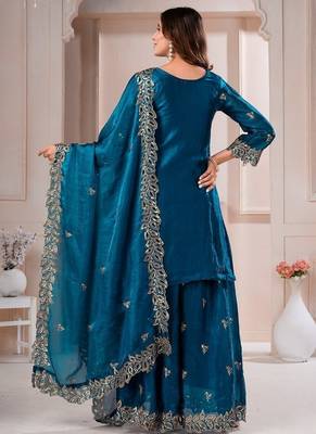Navy blue fandy silk embroidery party wear sharara  suit set 4