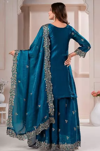 Navy blue fandy silk embroidery party wear sharara  suit set
