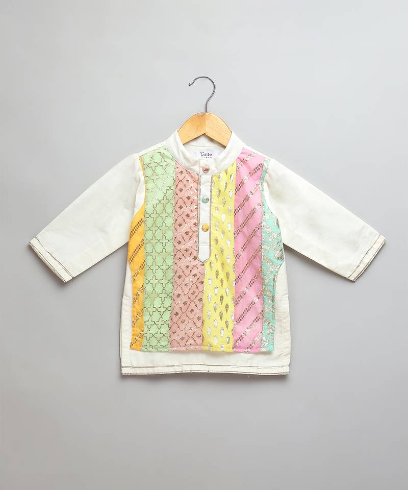 multicolor gota patti embroidered cotton silk men kurta set