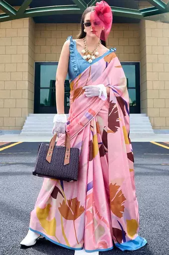 pink floral printed satin saree