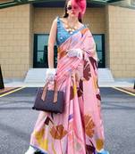 pink floral printed satin saree