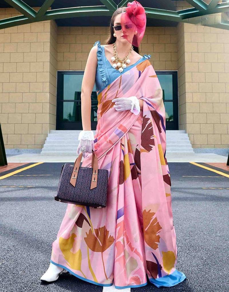 pink floral printed satin saree