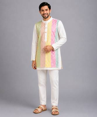 multicolor gota patti embroidered cotton silk men kurta set 9
