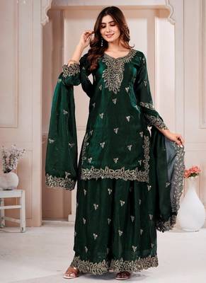 Green  fandy silk embroidery party wear sharara  suit set 1