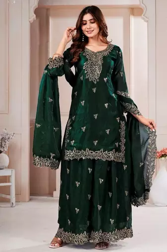 Green  fandy silk embroidery party wear sharara  suit set