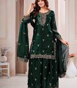 Green  fandy silk embroidery party wear sharara  suit set