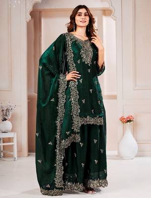 Green  fandy silk embroidery party wear sharara  suit set 2