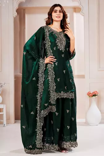 Green  fandy silk embroidery party wear sharara  suit set