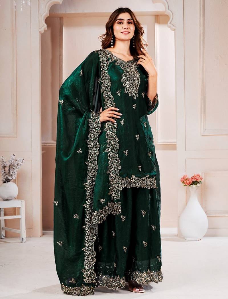Green  fandy silk embroidery party wear sharara  suit set