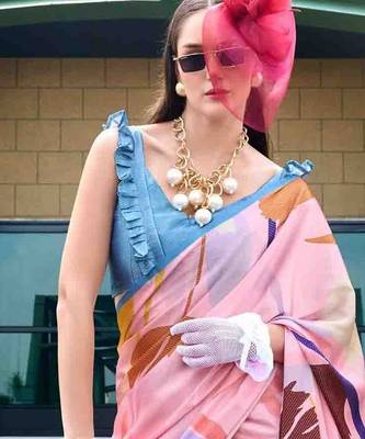 pink floral printed satin saree 3