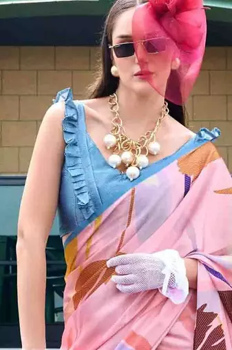 pink floral printed satin saree