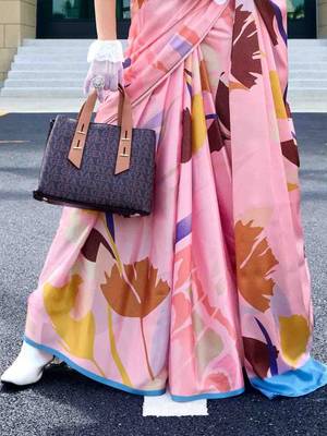 pink floral printed satin saree 4