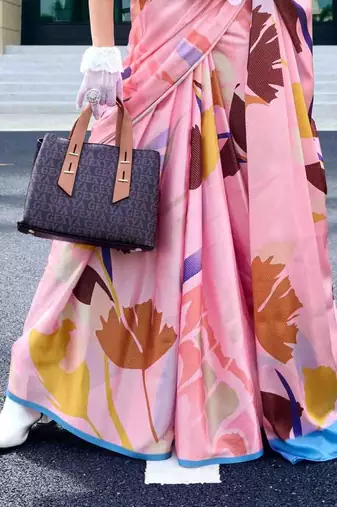 pink floral printed satin saree