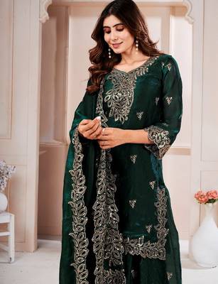 Green  fandy silk embroidery party wear sharara  suit set 3
