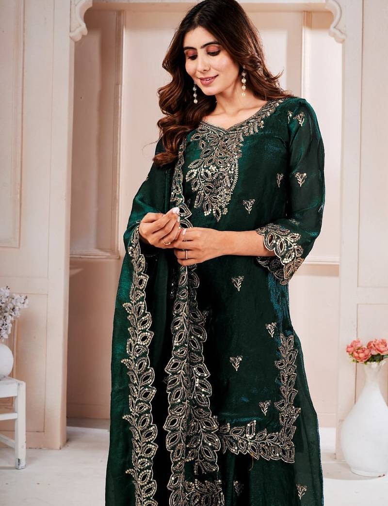 Green  fandy silk embroidery party wear sharara  suit set