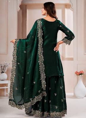 Green  fandy silk embroidery party wear sharara  suit set 4