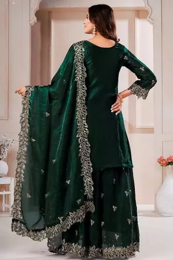 Green  fandy silk embroidery party wear sharara  suit set