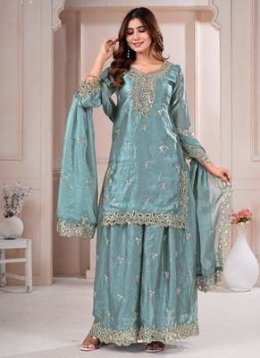 Grey fandy silk embroidery party wear sharara  suit set 1