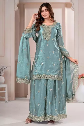 Grey fandy silk embroidery party wear sharara  suit set